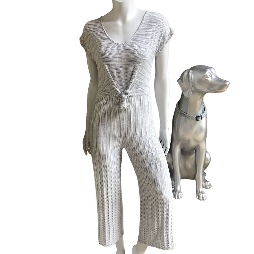 Caution to The Wind Gray Textured Short Sleeve Tie Front Jumpsuit Wide Leg Med